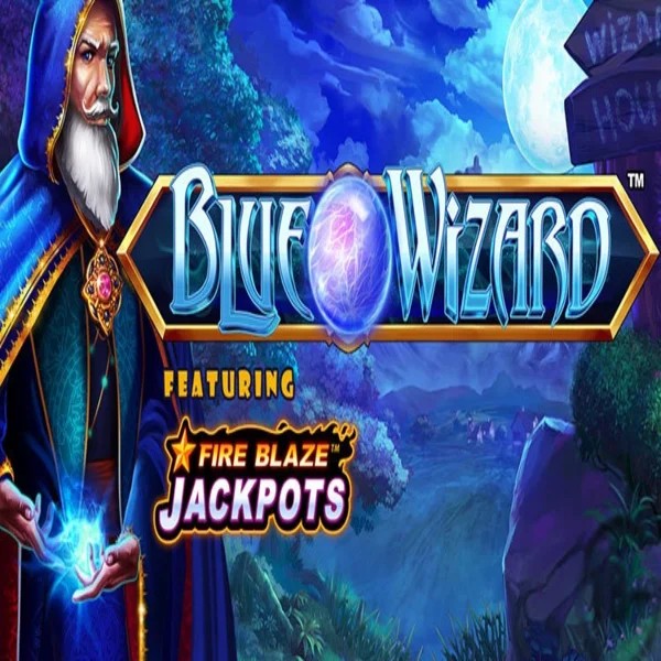 Blue Wizard Fire Blaze Jackpots logo by Rarestone Gaming Frumzi Casino
